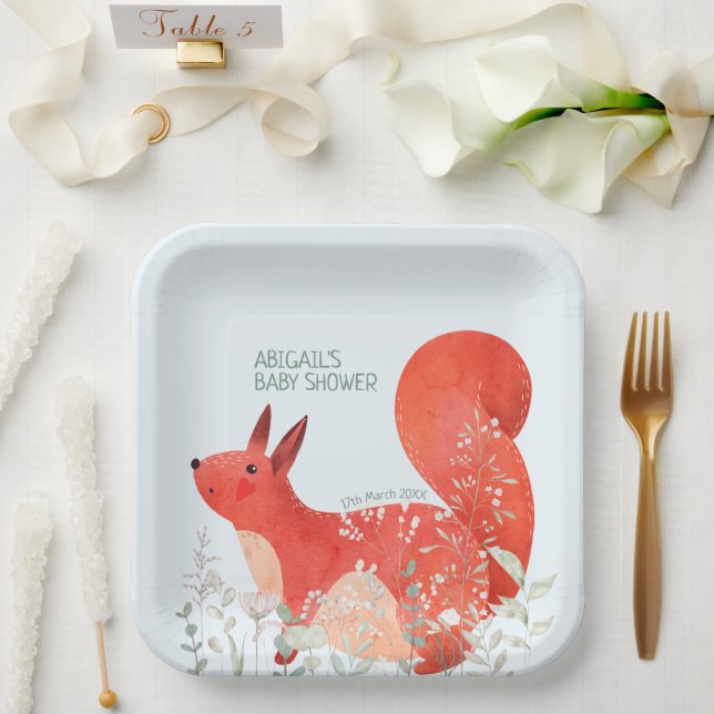Cute Red Squirrel Wildflower Boy Baby Shower Paper Plate (Wedding)