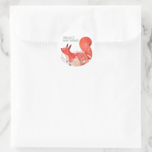Cute Red Squirrel Wildflower Gender Baby Shower Classic Round Sticker (Bag)