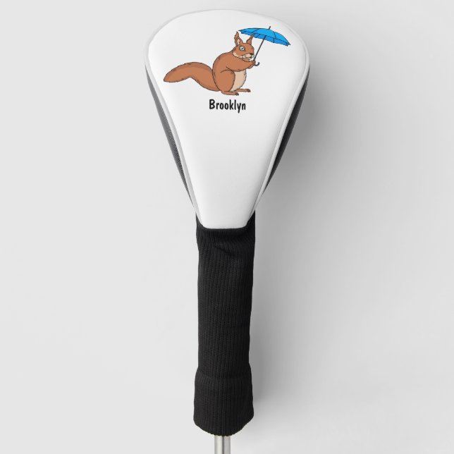 Cute red squirrel with umbrella cartoon golf head cover (Front)
