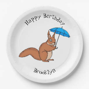Cute red squirrel with umbrella cartoon paper plate