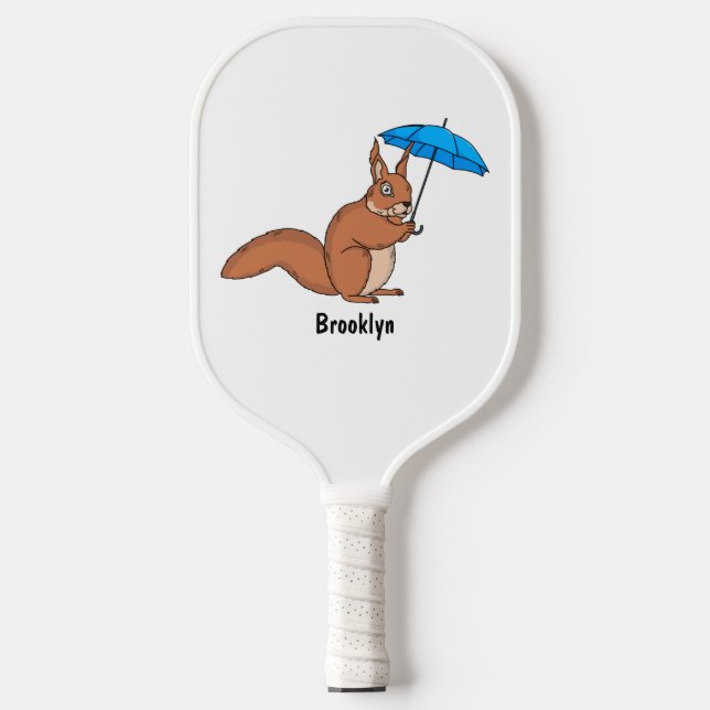 Cute red squirrel with umbrella cartoon  pickleball paddle (Front)