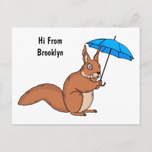 Cute red squirrel with umbrella cartoon postcard