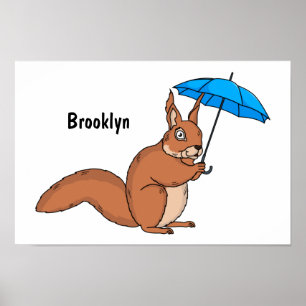 Cute red squirrel with umbrella cartoon poster