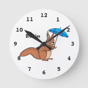 Cute red squirrel with umbrella cartoon round clock