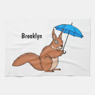 Cute red squirrel with umbrella cartoon tea towel