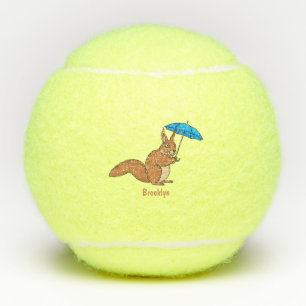 Cute red squirrel with umbrella cartoon tennis balls