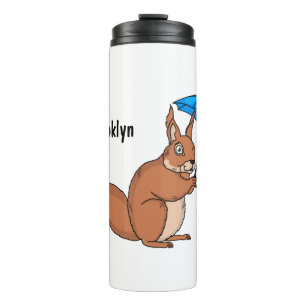 Cute red squirrel with umbrella cartoon thermal tumbler