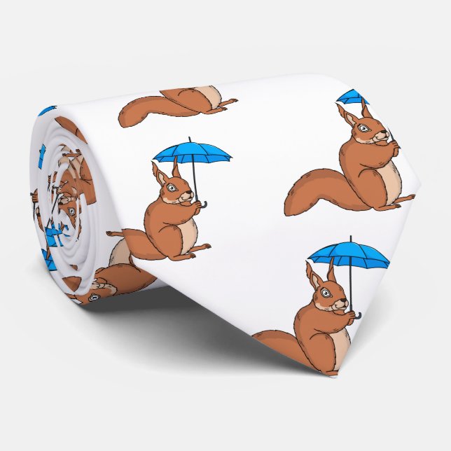 Cute red squirrel with umbrella cartoon tie (Rolled)