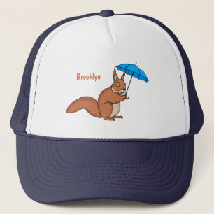 Cute red squirrel with umbrella cartoon trucker hat