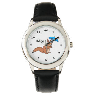 Cute red squirrel with umbrella cartoon watch