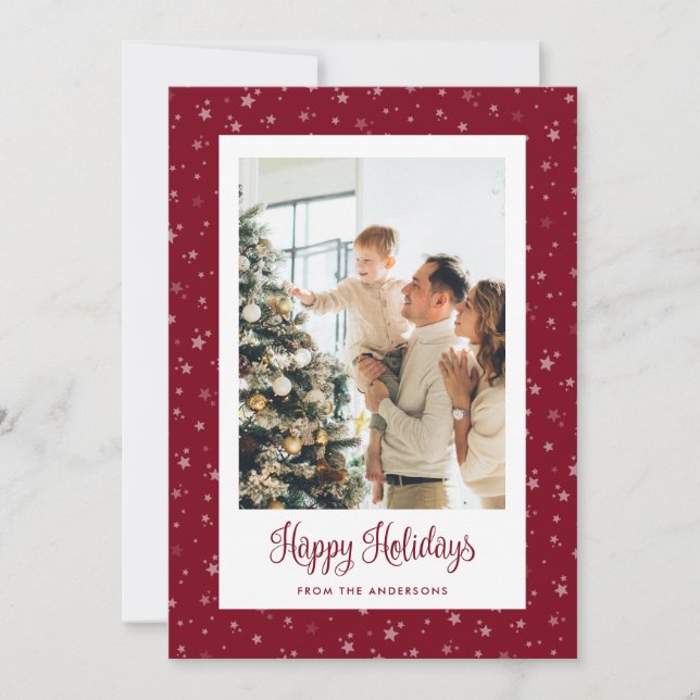 Cute Red Starry Photo Happy Holidays Cards (Front)