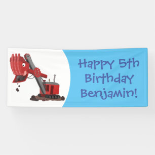 Cute red steam shovel digger cartoon illustration banner