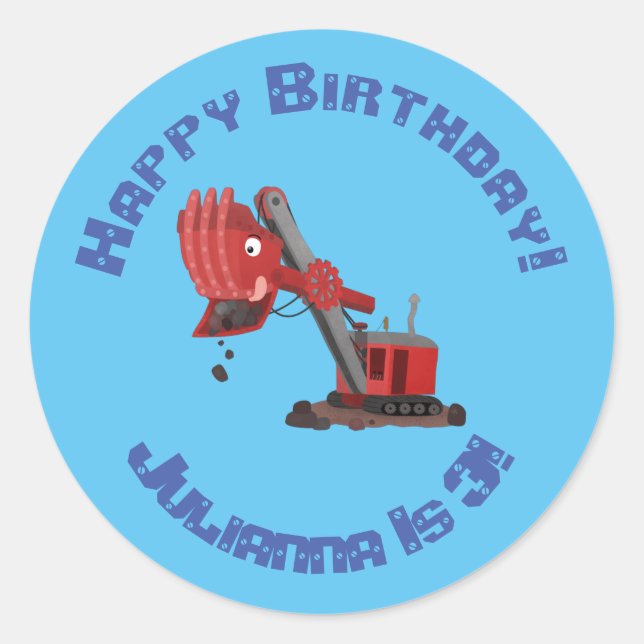 Cute red steam shovel digger cartoon illustration classic round sticker (Front)