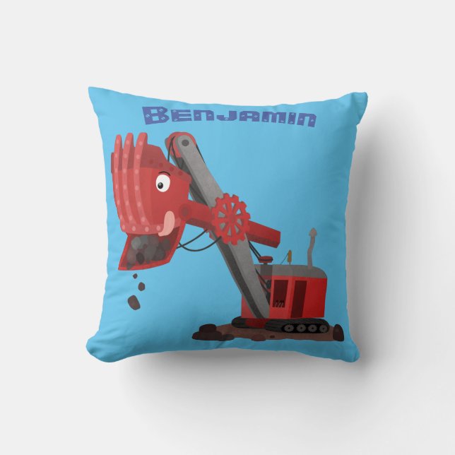Cute red steam shovel digger cartoon illustration cushion (Front)