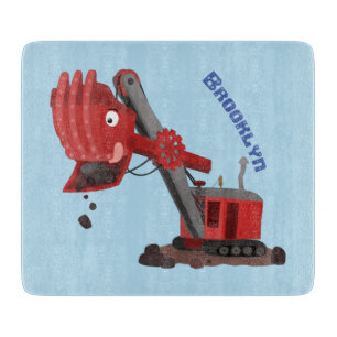 Cute red steam shovel digger cartoon illustration cutting board