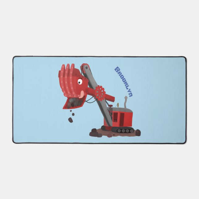Cute red steam shovel digger cartoon illustration desk mat (Front)