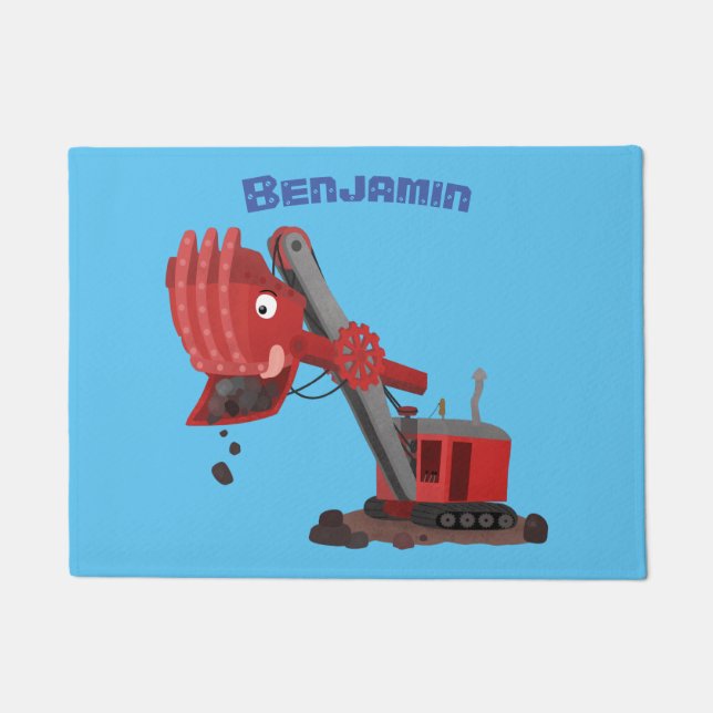 Cute red steam shovel digger cartoon illustration doormat (Front)