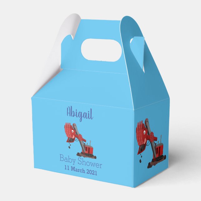 Cute red steam shovel digger cartoon illustration favour box (Front Side)