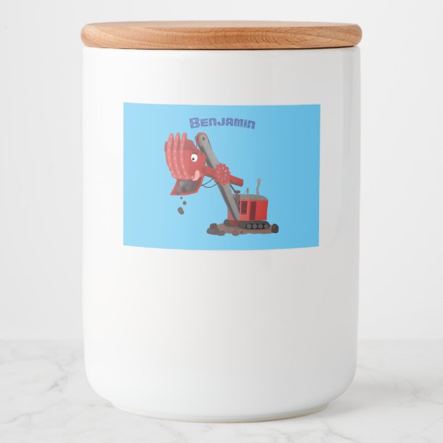 Cute red steam shovel digger cartoon illustration food label (Front)