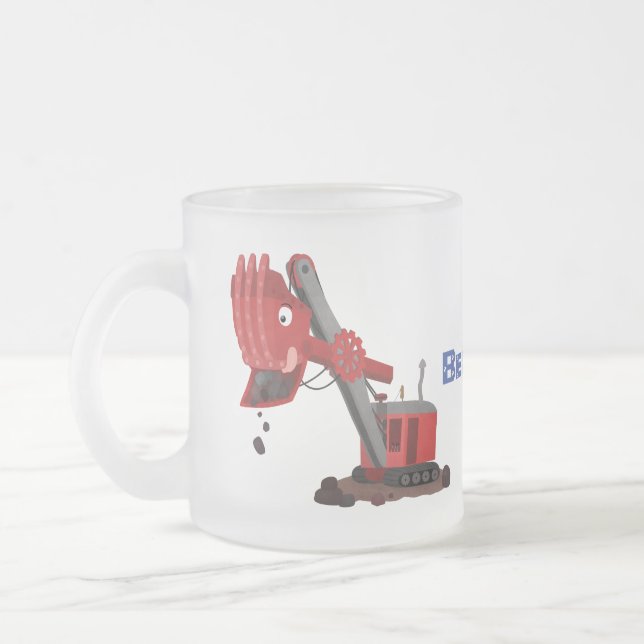 Cute red steam shovel digger cartoon illustration frosted glass coffee mug (Left)