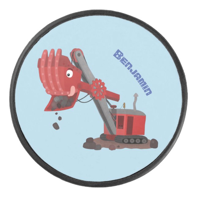 Cute red steam shovel digger cartoon illustration hockey puck (Front)