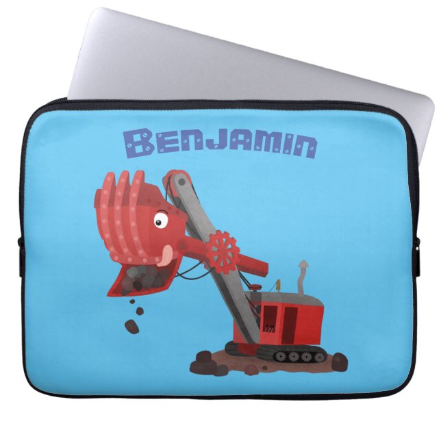 Cute red steam shovel digger cartoon illustration laptop sleeve (Front)
