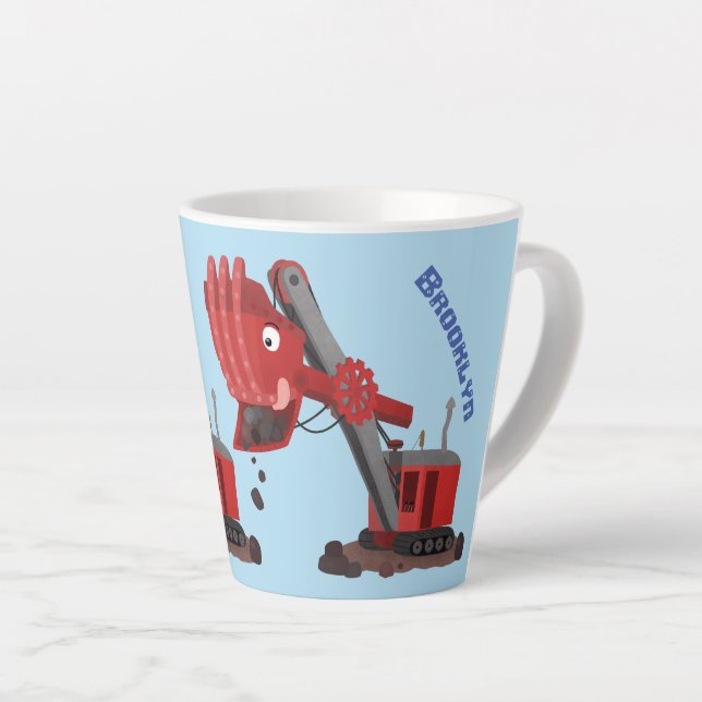 Cute red steam shovel digger cartoon illustration latte mug (Right Angle)