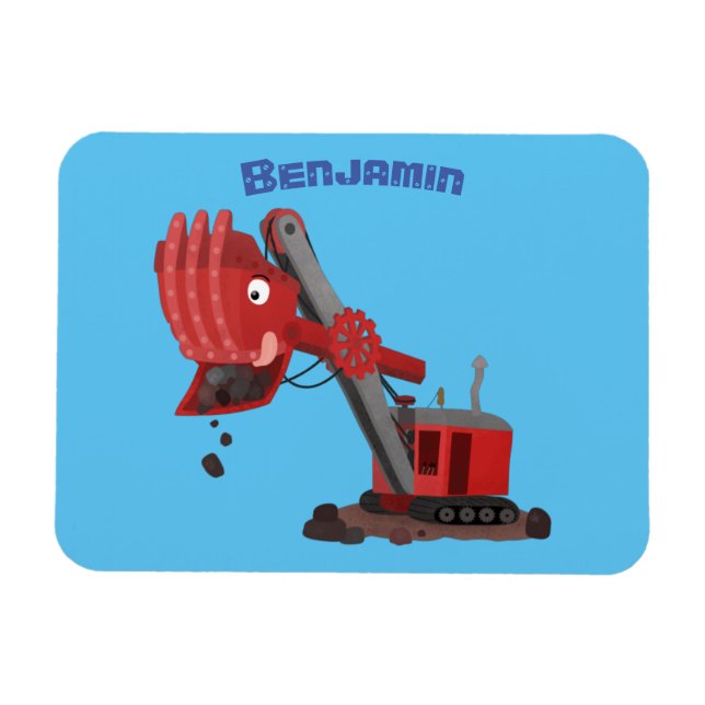 Cute red steam shovel digger cartoon illustration magnet (Horizontal)