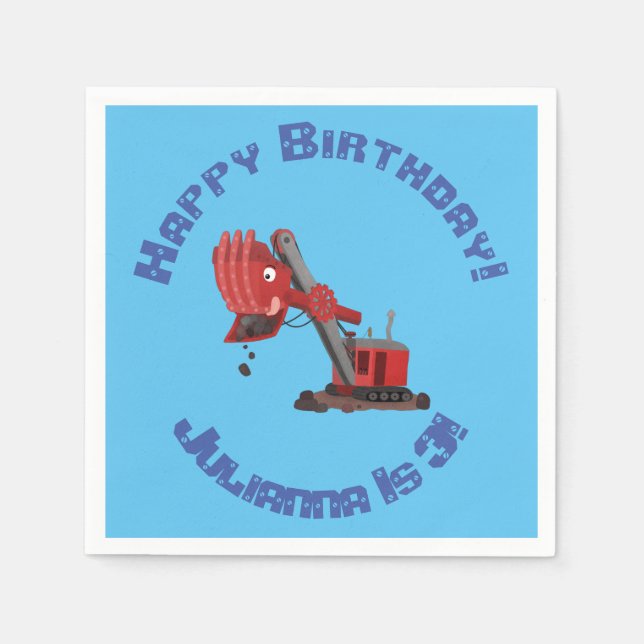 Cute red steam shovel digger cartoon illustration napkin (Front)