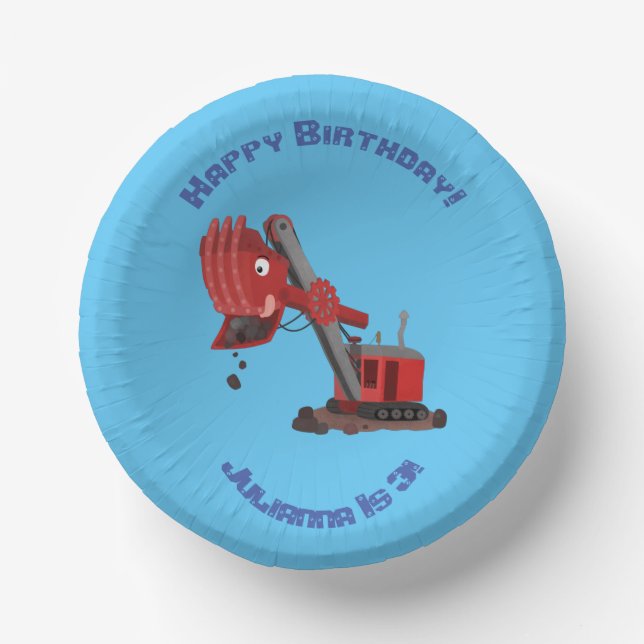 Cute red steam shovel digger cartoon illustration  paper plate (Front)
