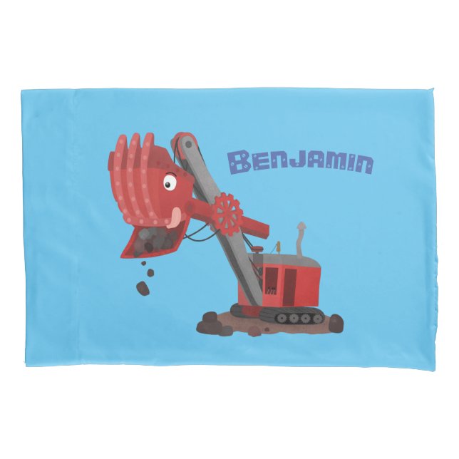 Cute red steam shovel digger cartoon illustration pillowcase (Front)