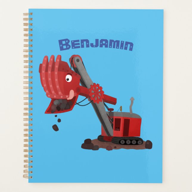 Cute red steam shovel digger cartoon illustration planner (Front)