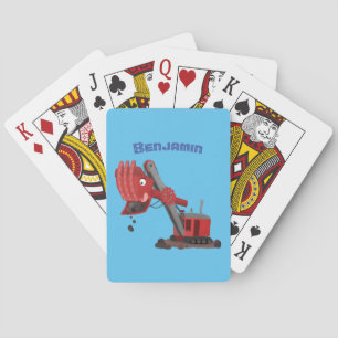 Cute red steam shovel digger cartoon illustration playing cards