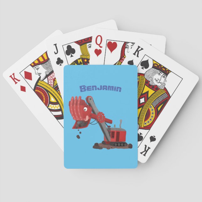 Cute red steam shovel digger cartoon illustration playing cards (Back)