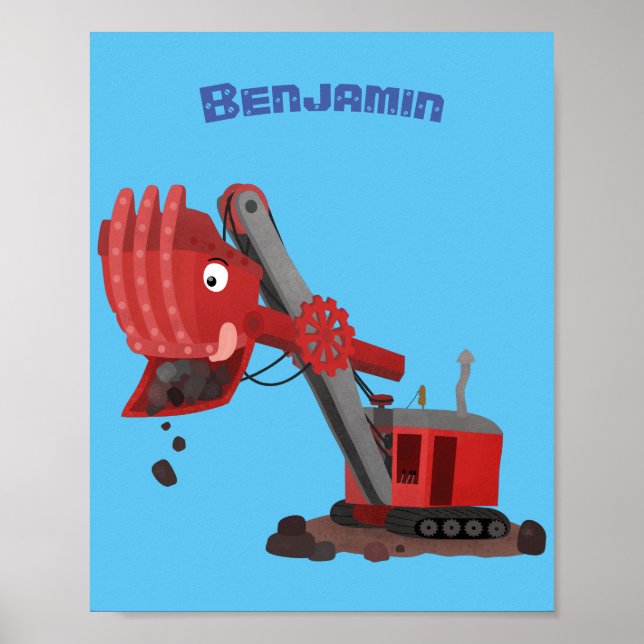 Cute red steam shovel digger cartoon illustration poster (Front)
