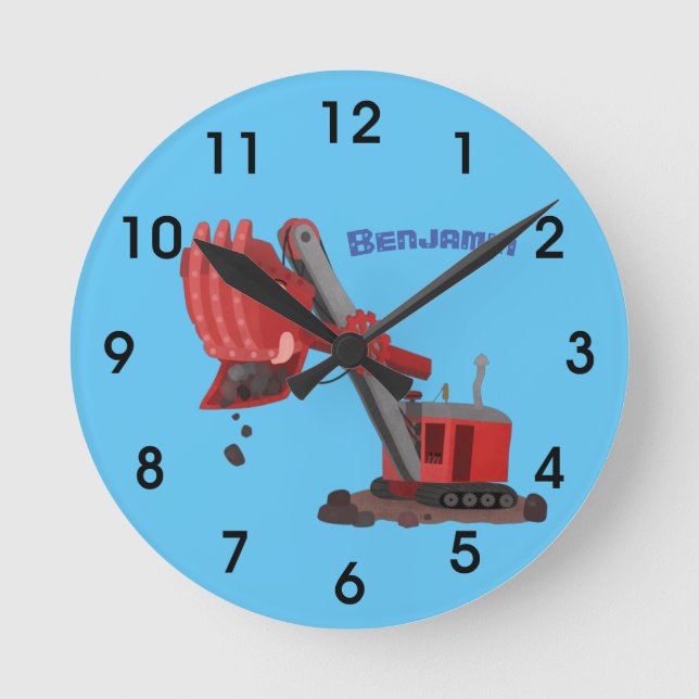 Cute red steam shovel digger cartoon illustration round clock (Front)