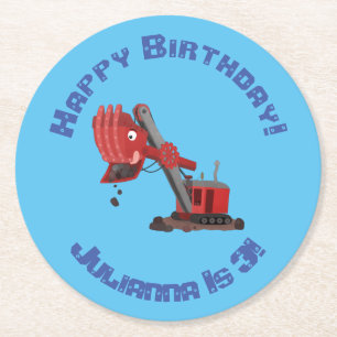 Cute red steam shovel digger cartoon illustration round paper coaster