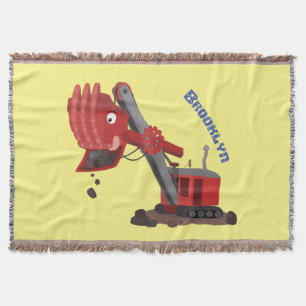 Cute red steam shovel digger cartoon illustration throw blanket