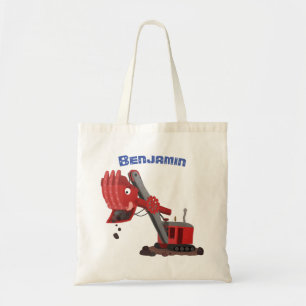 Cute red steam shovel digger cartoon illustration tote bag