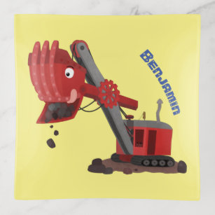 Cute red steam shovel digger cartoon illustration trinket trays