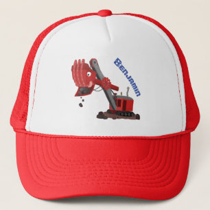 Cute red steam shovel digger cartoon illustration trucker hat