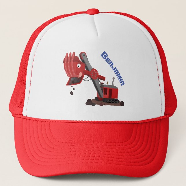 Cute red steam shovel digger cartoon illustration trucker hat (Front)