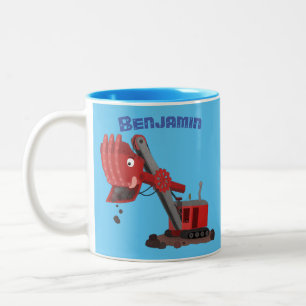 Cute red steam shovel digger cartoon illustration Two-Tone coffee mug