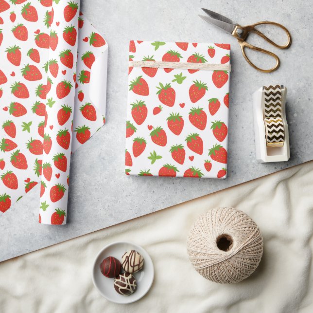 Cute Red Strawberries and Hearts Pattern Wrapping Paper (Crafts)