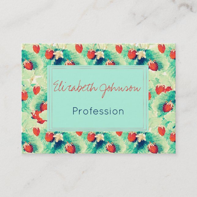 Cute Red Strawberries & Foliage Watercolor Paint Business Card (Front)
