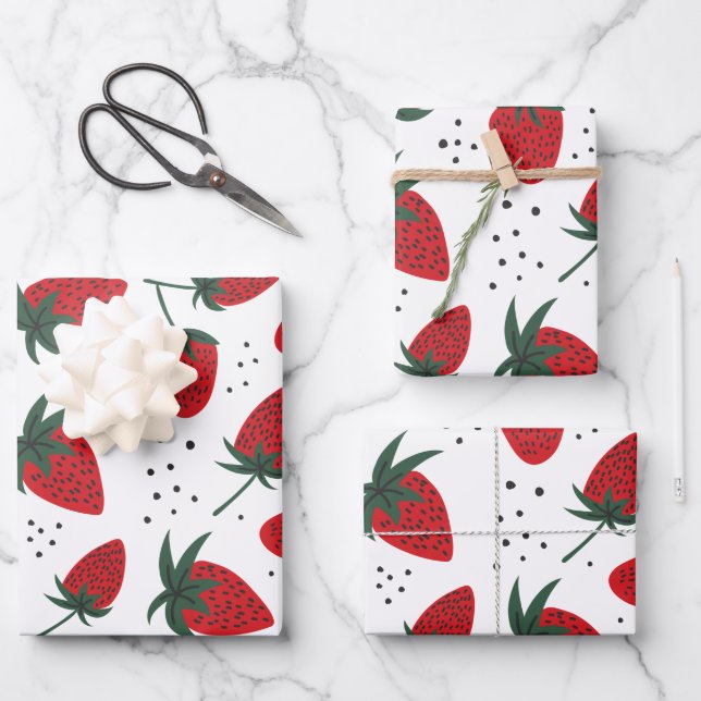 Cute Red Strawberry Fruit Pattern Wrapping Paper Sheet (Front)