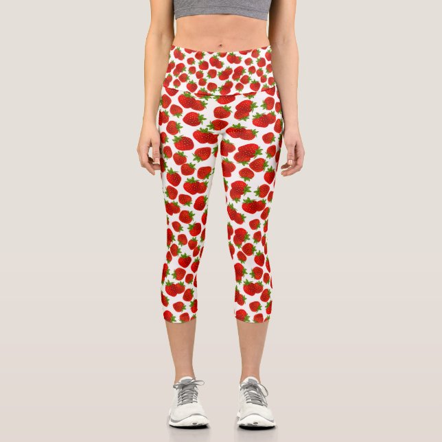 Cute Red Strawberry Green Leaves Fruit Pattern Capri Leggings (Front)