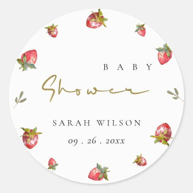Cute Red Strawberry Leafy Botanical Baby Shower Classic Round Sticker (Front)
