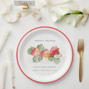 Cute Red Strawberry Leafy Foliage Bridal Shower Paper Plate