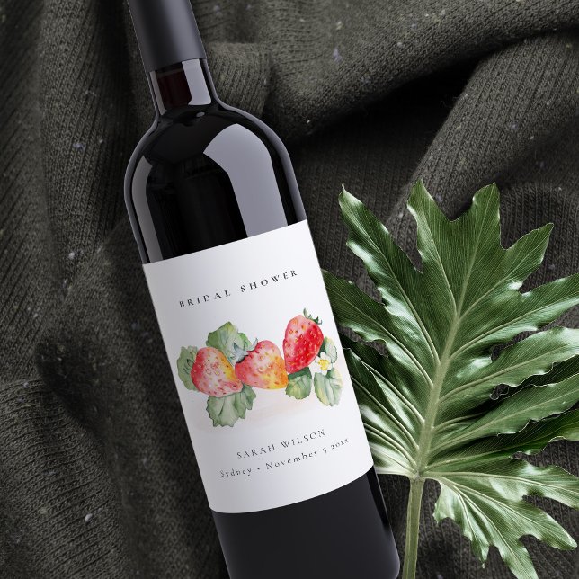 Cute Red Strawberry Leafy Foliage Bridal Shower Wine Label (Creator Uploaded)